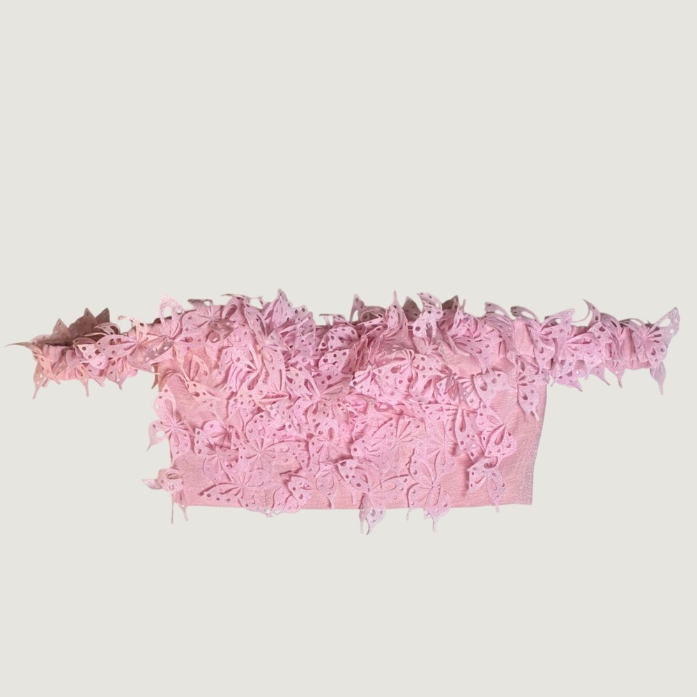 CHOUCHOU Pink 3D Butterfly Applique Off Shoulder Crop Top M Coquette Fairycore